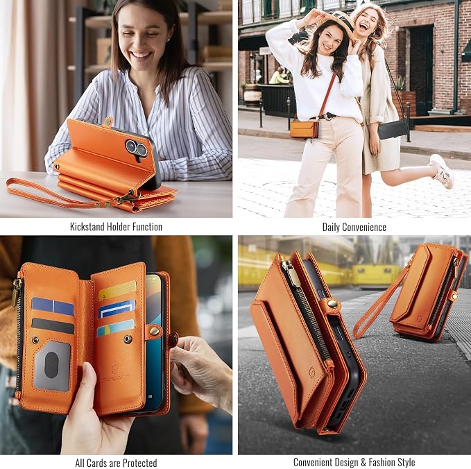 Strapurs Wallet Case Compatible with iPhone 16 6.1" RFID Blocking 7-Card Holder Soft PU Leather Magnetic Snap Shoulder Strap Zipper Pocket Phone Case Fit for iPhone 16 for Women - Orange