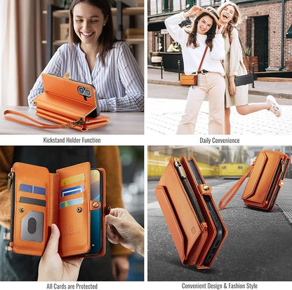 Strapurs Wallet Case Compatible with iPhone 16 6.1" RFID Blocking 7-Card Holder Soft PU Leather Magnetic Snap Shoulder Strap Zipper Pocket Phone Case Fit for iPhone 16 for Women - Orange