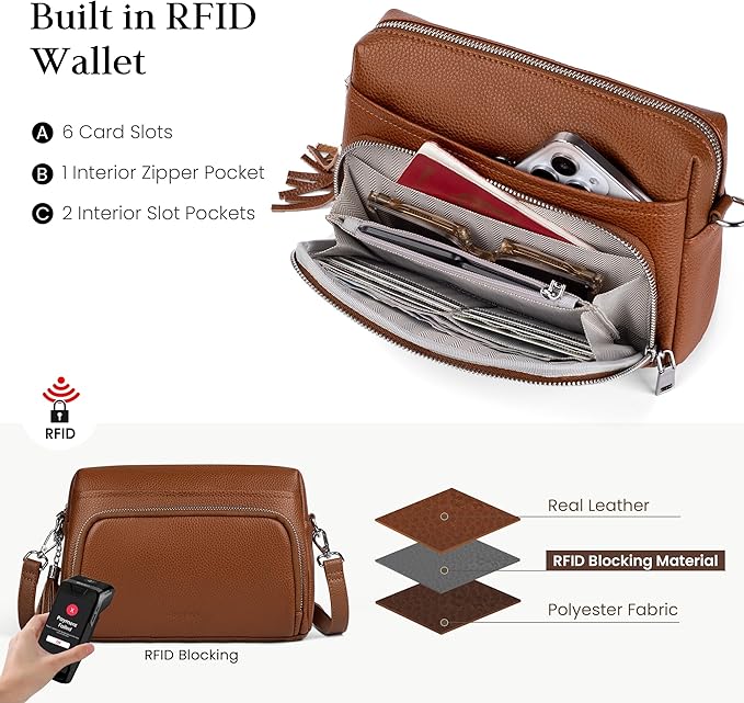 befen Genuine Leather Crossbody Purses for Women Small Crossbody Bags Purse with Built in RFID Blocking Wallet