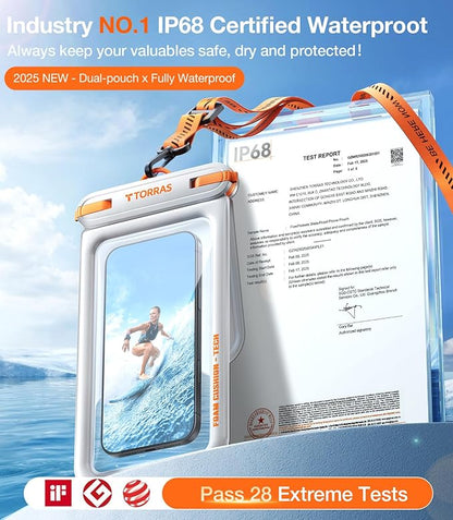 TORRAS IP68 Waterproof Phone Pouch Double Space, Floating Waterproof Phone Case with Lanyard for iPhone 17 Pro Max 16 15 14 S26 S25, Phone Dry Bag Vacation Cruise Ship Travel Essentials 7.0'', White