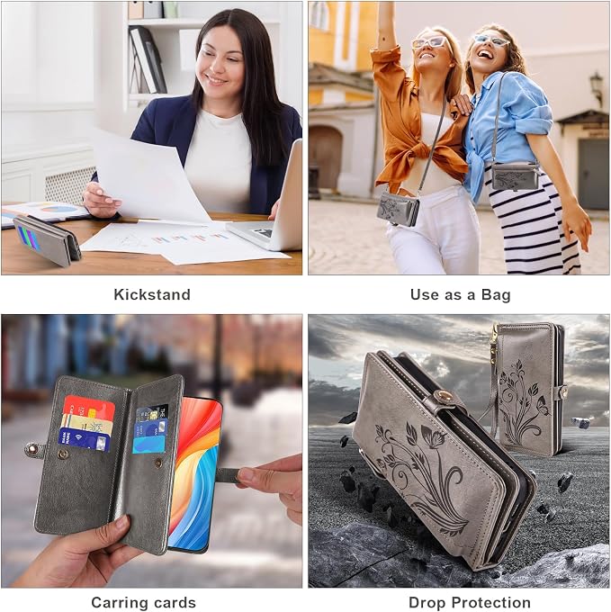 Lacass for iPhone 16 Pro Case Wallet,[Cards Theft Scan Protection] Card Holder Zipper Leather Flip Cover Crossbody Wrist Strap with Stand (Floral Gray)