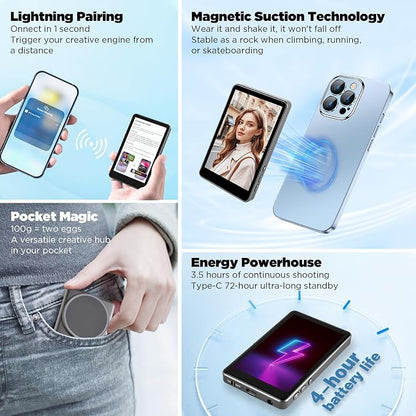 SUNPIN Vlog Selfie Monitor Screen, Wireless 4K/1080p Back Camera Monitor for iPhone & Android, Built-in Speaker for YouTube TikTok Live Streaming (Gray)