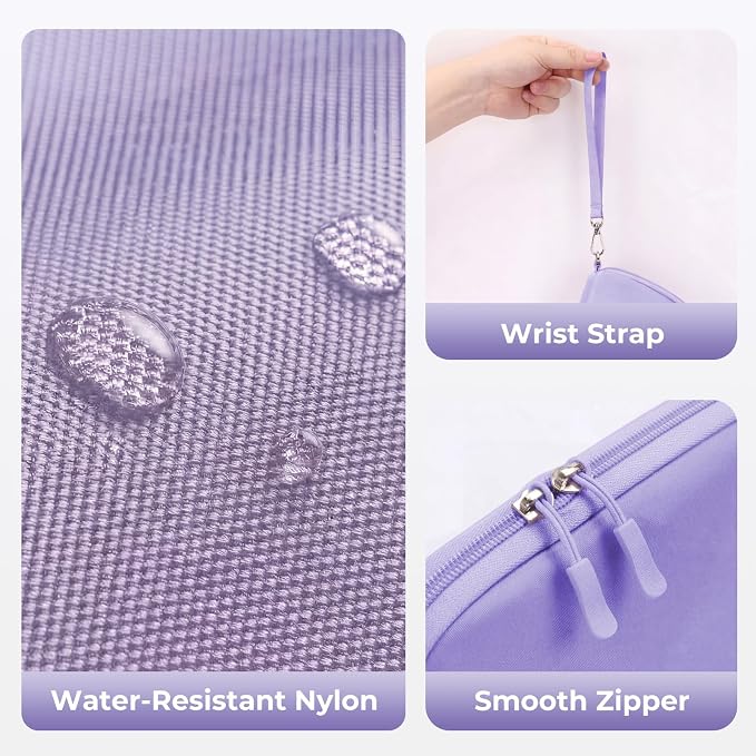 FYY Travel Cable Organizer - 8 Compartments, Lightweight, Water Repellent | With Wrist Strap, Portable Tech Pouch for Cord Charger, Travel and Business Trips Use, Soft Shell Nylon, Purple (Small)