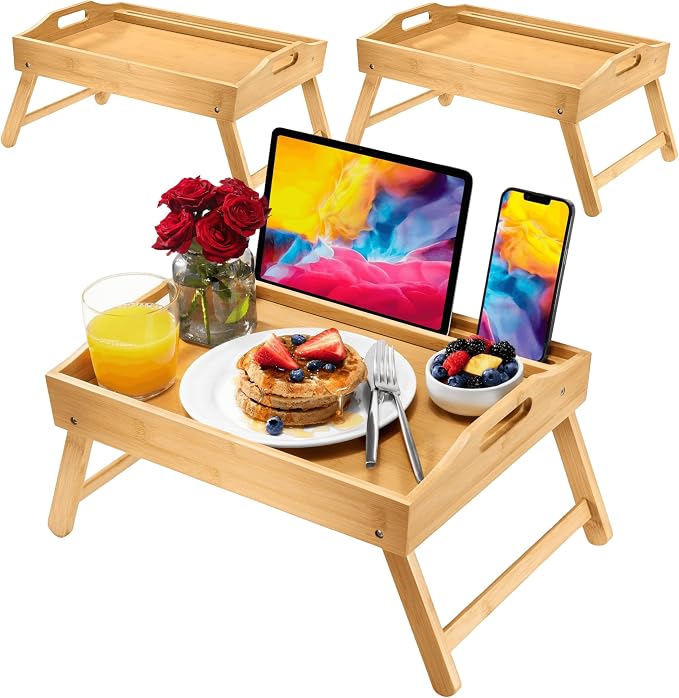 Bed Table Tray with Folding Legs, (2 Pack) Laptop Holder and Handles - Breakfast Tray Bamboo Bed Tray for Eating, Sofa, Bed, Food Trays for Eating on Couch, Snacking and Working