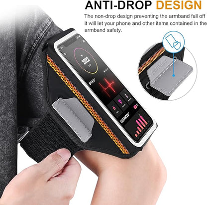 Running Armband with Earphone Bag Cell Phone Armband for iPhone 17 16 15 Pro 14 Plus 13 11 XR, Galaxy S24/S10 Water Resistant Sports Phone Holder Case & Zipper Slot Car Key Holder for 6.9 inch Phone