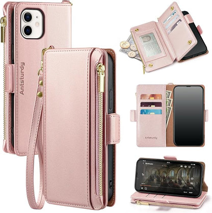 Antsturdy Compatible with iPhone 12 mini Wallet Case,RFID Blocking PU Leather Phone Case Women Men Kickstand Flip Cover Wrist Strap Zipper Credit Card Holder Slots,for Apple 12 mini,Rose Gold
