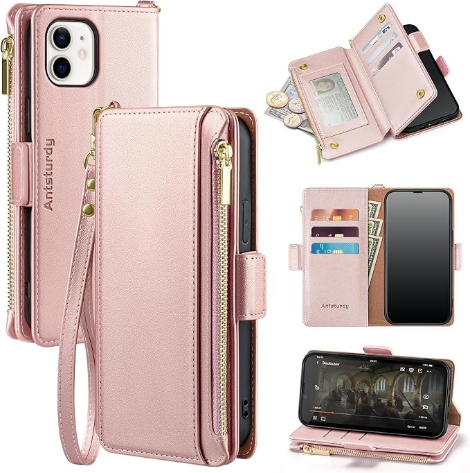 Antsturdy Compatible with iPhone 12 Wallet Case,RFID Blocking PU Leather Phone Case Women Men Kickstand Flip Cover Wrist Strap Zipper Credit Card Holder Slots,for Apple 12 Pro 6.1",Rose Gold