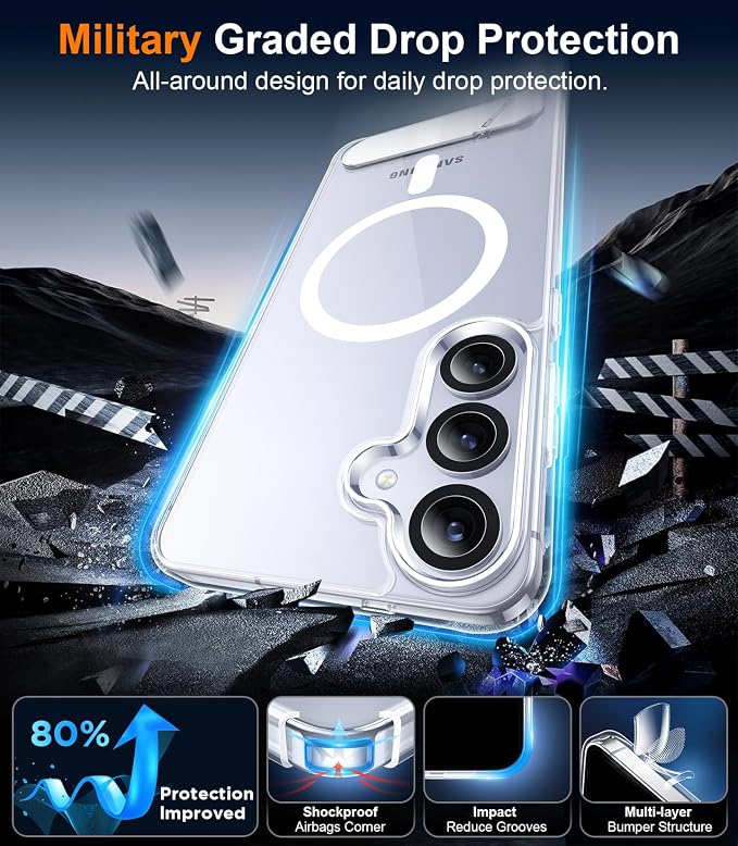 Magnetic for Samsung Galaxy S25 Plus Case, [Innovate Stand][Military Grade Drop Protection][Non Slip][Non-Yellowing] Shockproof Phone Case for Galaxy S25 Plus 6.7" 2025 -Clear