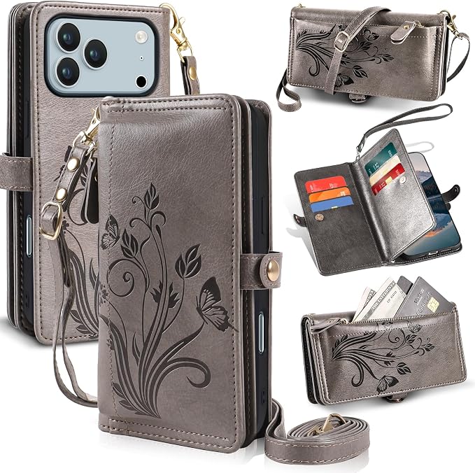 Lacass for iPhone 17 Pro Case Wallet,[Cards Theft Scan Protection] Card Holder Zipper Leather Flip Cover Crossbody Wrist Strap with Stand (Floral Gray)