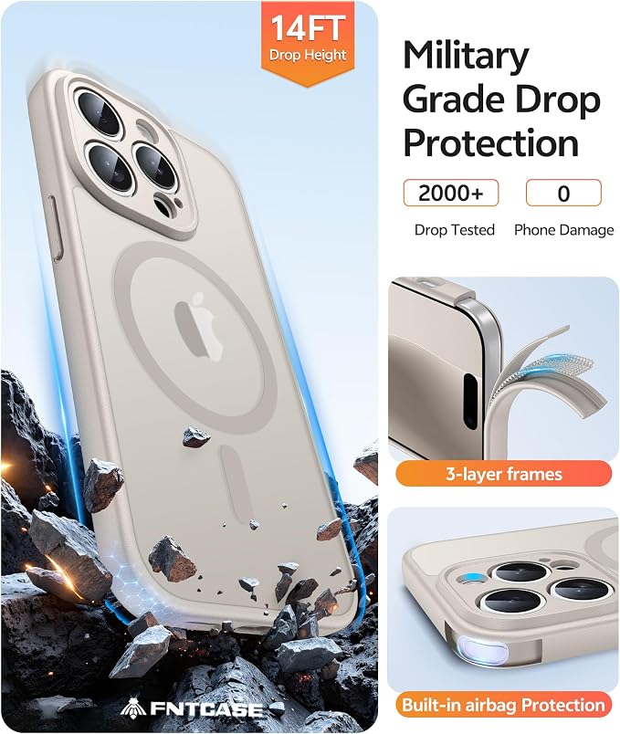 FNTCASE for iPhone 14 Pro Max Case, Fit for Magsafe, Glass Screen Protector | Full Camera Protection, Translucent Matte, 14FT Military Grade Drop Proof, Shockproof Protective Phone Cover, Off White