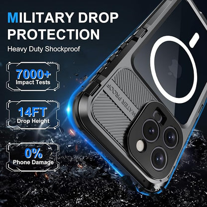 WIFORT for iPhone 16 Pro Waterproof Case - Metal Heavy Duty [Built-in Screen Protector] [14FT Military Shockproof] [Fit for MagSafe], IP68 Full Body Rugged Water Proof Magnetic Cover, 6.3" Black