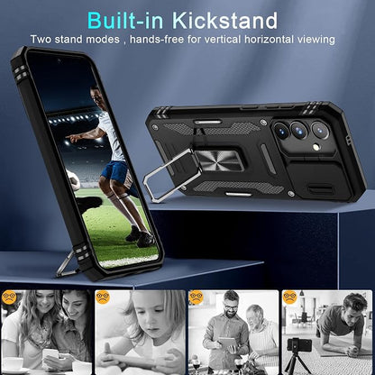 DEERLAMN Case for Samsung Galaxy S24 FE 6.7-Inch with Slide Camera Cover+Screen Protector(1 Pack), Rotated Ring Kickstand Military Grade Shockproof Protective Cover-Black