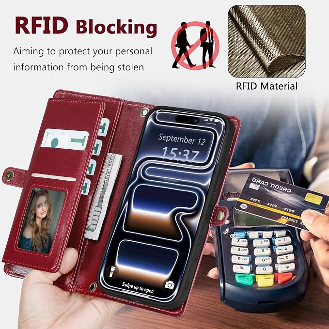 Wallet Case for iPhone 17 Pro with Card Holder/Crossbody Wallet/Strap,[RFID Blocking][Magnetic] PU Leather Phone Case for iPhone 17 Pro,6.3 in,Wine Red