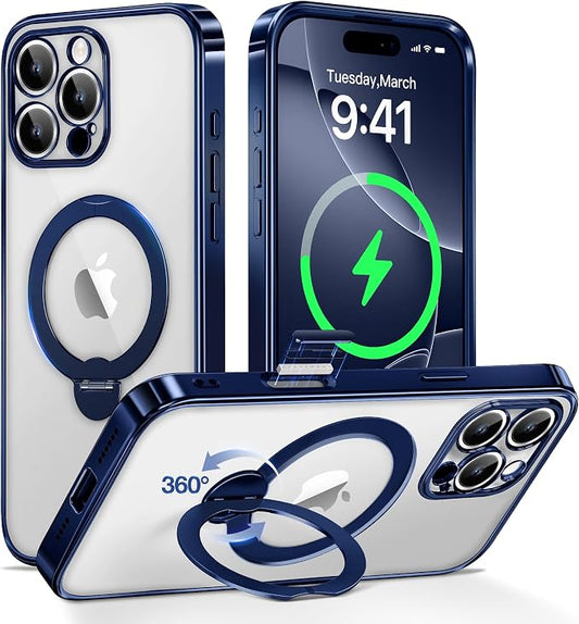 GolbinBox for iPhone 16 Pro Max Case with 360° Spin Magnetic Stand,[Compatible with Magsafe] [Military Protection][Built-in Ring Holder] Camera Control Phone Case for 16 Pro Max,Dark Blue/Clear