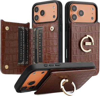 CUSTYPE Compatible with iPhone 17 Pro Max Wallet Case with Card Holder,180°Ring Holder Kickstand Card Slots Case,PU Leather Protective Case for iPhone 17 Pro Max 6.9inch-Brown