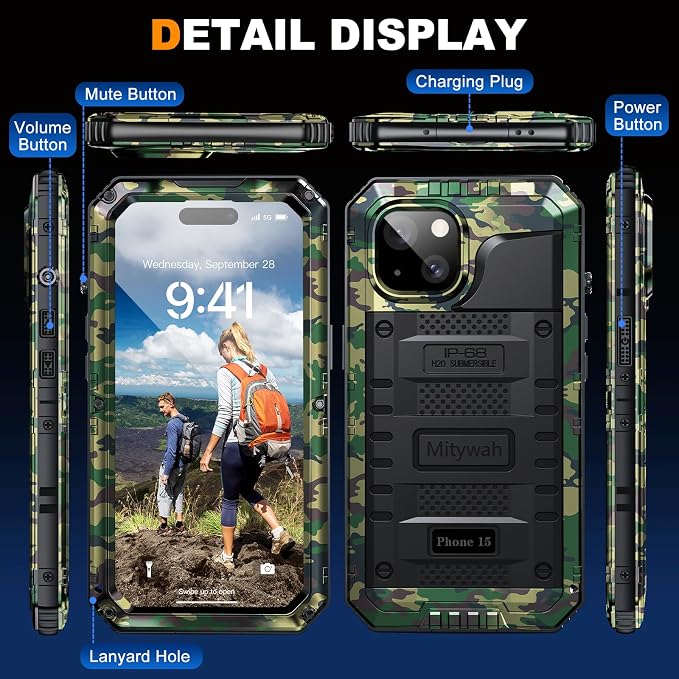 Mitywah Waterproof Case for iPhone 15, Heavy Duty Shockproof Case with Built-in Screen Protector, Full Body Underwater Protective Metal Case 6.1 inch, Camouflage