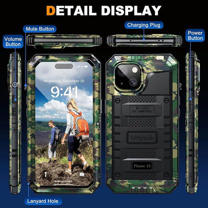 Mitywah Waterproof Case for iPhone 15, Heavy Duty Shockproof Case with Built-in Screen Protector, Full Body Underwater Protective Metal Case 6.1 inch, Camouflage