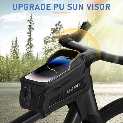 Bike Phone Front Frame Bag, Waterproof Bike Phone Holder Bag with TPU Touch-Screen & Sun-Visor, Bike Bag Accessories Compatible Phone Under 7”