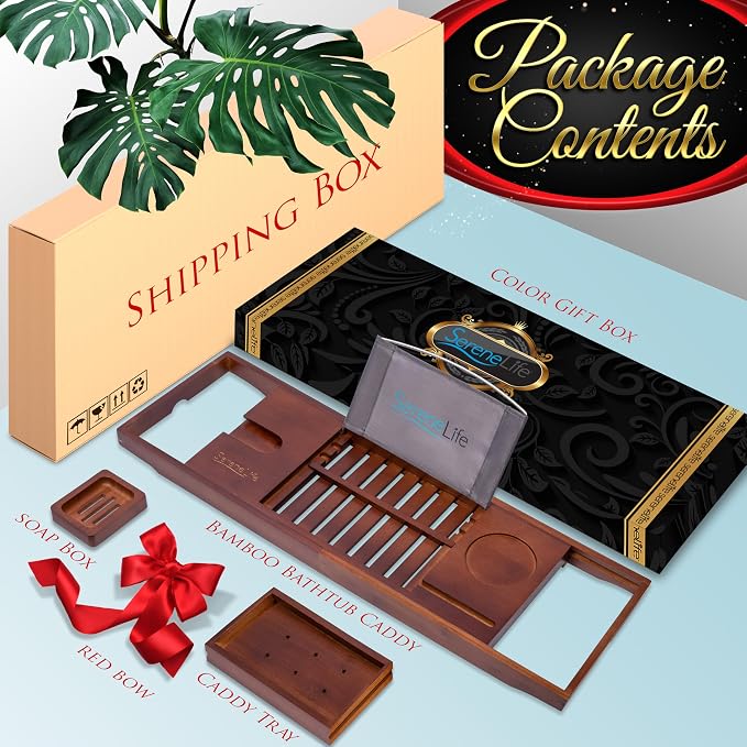 SereneLife Premium Bathtub Tray Caddy with Gift Box and Bow Set, Expandable Bath Tray, Unique House Warming Gifts for Mom, Women, Wedding, Anniversary, Bridal Shower, Fit for All Tub - Stain Brown
