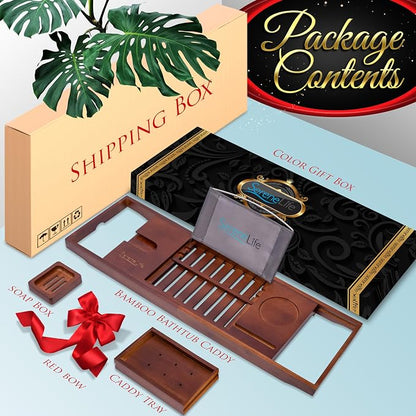SereneLife Premium Bathtub Tray Caddy with Gift Box and Bow Set, Expandable Bath Tray, Unique House Warming Gifts for Mom, Women, Wedding, Anniversary, Bridal Shower, Fit for All Tub - Stain Brown