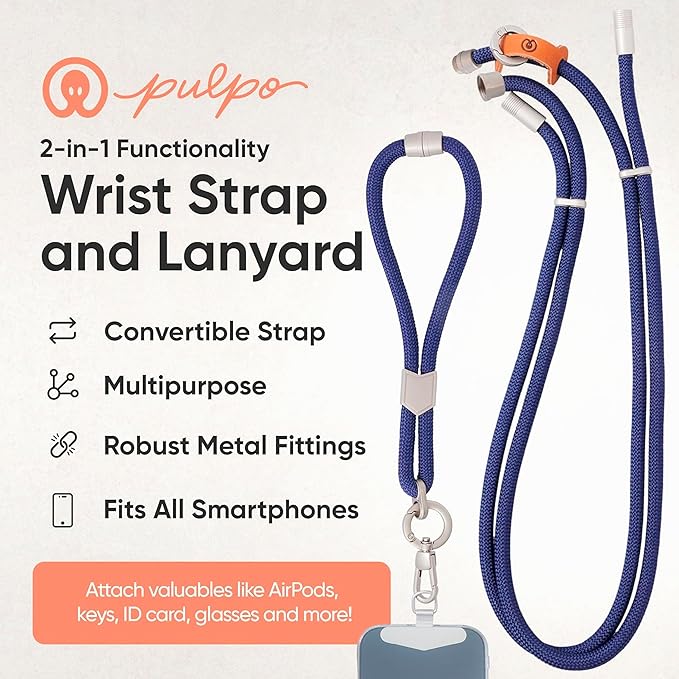 Pulpo 2 in 1 Anti Theft Phone Lanyard and Wrist Strap for iPhone and Android, Adjustable Cell Phone Leash and Universal Tether, Hands Free Strap for Travel Running and Everyday Use, Navy