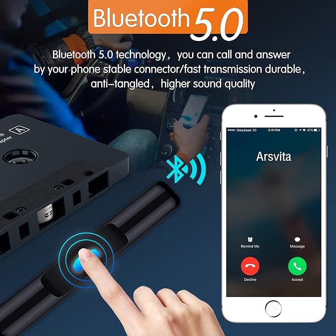 Arsvita Car Audio Bluetooth Cassette Receiver, Tape Player Bluetooth 5.0 Cassette Aux Adapter