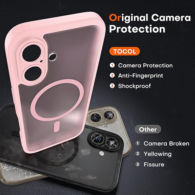 TOCOL for Phone 16 Case, Compatible with Magsafe Charger, Full Camera Protection, Drop Protection, Translucent Matte Phone Case for iPhone 16 6.1 inch (Light Pink)