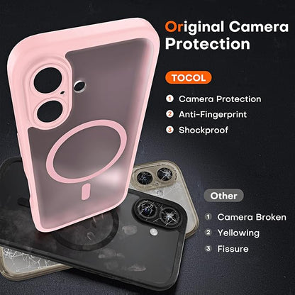 TOCOL for Phone 16 Case, Compatible with Magsafe Charger, Full Camera Protection, Drop Protection, Translucent Matte Phone Case for iPhone 16 6.1 inch (Light Pink)