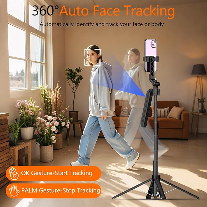 Auto Face Tracking Self Stick Tripod for iPhone with 10" Ring Light Hands-Free 360°Adjustable 70.9 Inch Smart Phone Stand with Remote for Content Creator Vlog Video Recording