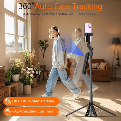 Auto Face Tracking Self Stick Tripod for iPhone with 10" Ring Light Hands-Free 360°Adjustable 70.9 Inch Smart Phone Stand with Remote for Content Creator Vlog Video Recording