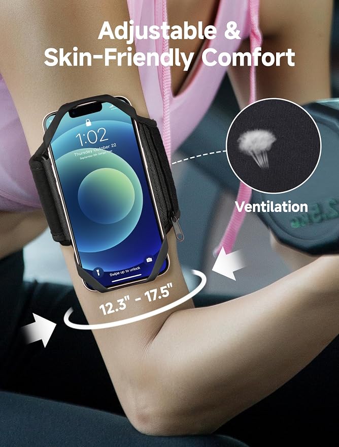 Running Armband Phone Holder with Earphone Bag 360° Rotatable Arm Band for Phone for Running Fits iPhone 16 Pro Max/15/14/13 and All 4.5-7" Phone, for iPhone Arm Band for Running Accessories Women Men
