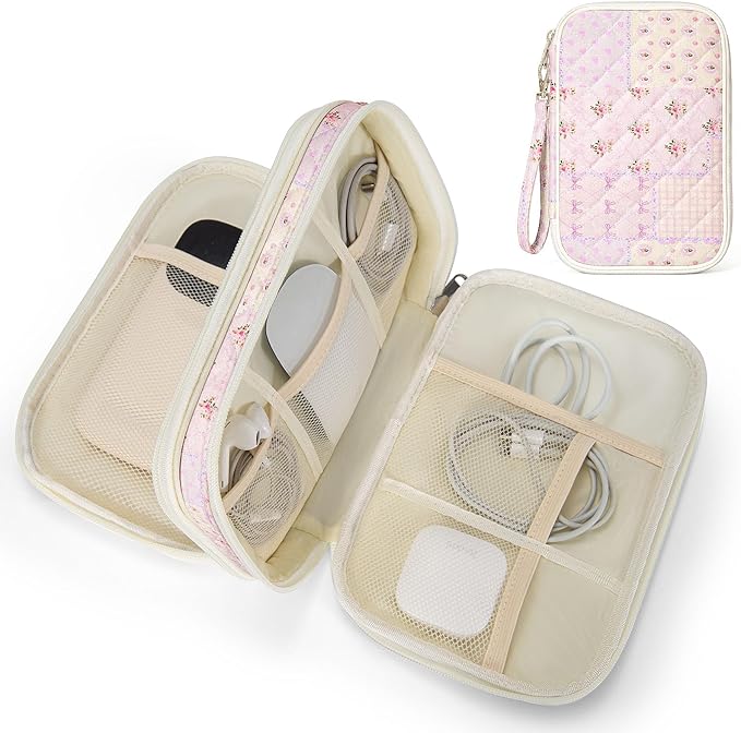 Quilted Travel Cable Organizer Pouch, Portable Electronic Accessories Carry Case, Double Layer All-in-One Storage Bag for Chargers, Cords, Phone, Gadgets (Purple Patchwork, M)