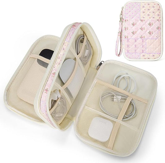Quilted Travel Cable Organizer Pouch, Portable Electronic Accessories Carry Case, Double Layer All-in-One Storage Bag for Chargers, Cords, Phone, Gadgets (Purple Patchwork, M)