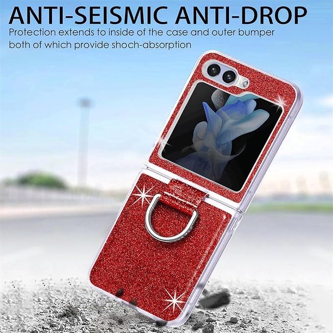 Bling Glitter Case for Samsung Galaxy Z Flip 6 with Ring Holder,Women Girls Cute Phone Case Non Slip Ultra Slim TPU Bumper Shockproof Protective Case for Galaxy Z Flip 6 5G 2024,Red