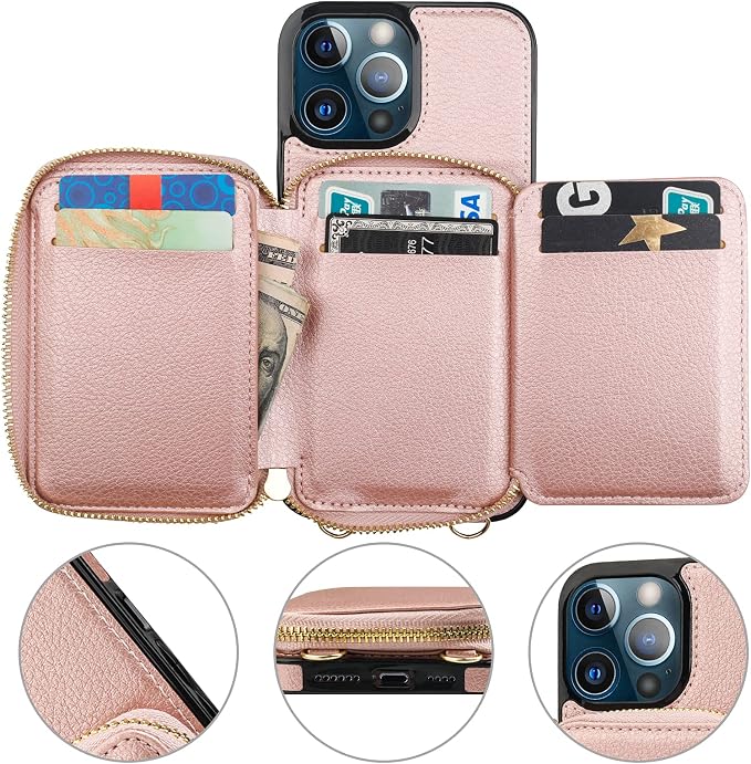Bocasal RFID Blocking Wallet Case for iPhone 13 Pro Max, Adjustable Crossbody Zipper Purse Case Card Holder with Kickstand Detachable Wrist Strap, PU Leather Flip Folio Case 6.7 Inch 5G (Rose Gold)