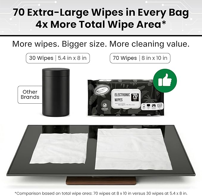 Air Jungles Electronic Wipes Screen Cleaning 70 Count (Pack of 2), No Cloth Needed, Extra Large 8"x10" Tech Cleaner Wipes for LED Screen, TVs, Cars, Computer,Tablets, Phones, Laptops, VR, Monitors