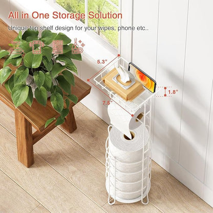Goozii White Toilet Paper Holder Stand with Shelf, Free Standing Bathroom Tissue Holder for Large Mega Rolls, Metal Floor Toilet Paper Roll Holder with Wipes Storage and Phone Tray (White)