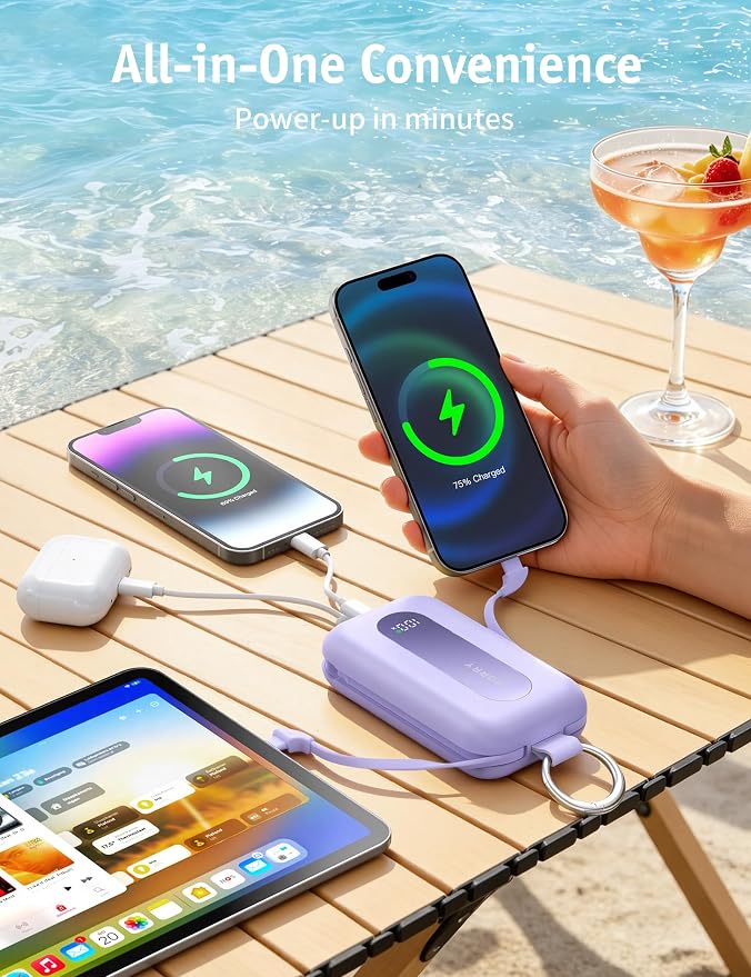RORRY CharmGo Portable Charger 20000mAh 30W Power Bank 4 in 1 Battery Pack | Built-in Cables,Fast Charging,Keychain,Travel Essentials,Portable,for iPhone 17/16/15/14/13,for iPad Air/Pro,for AirPods