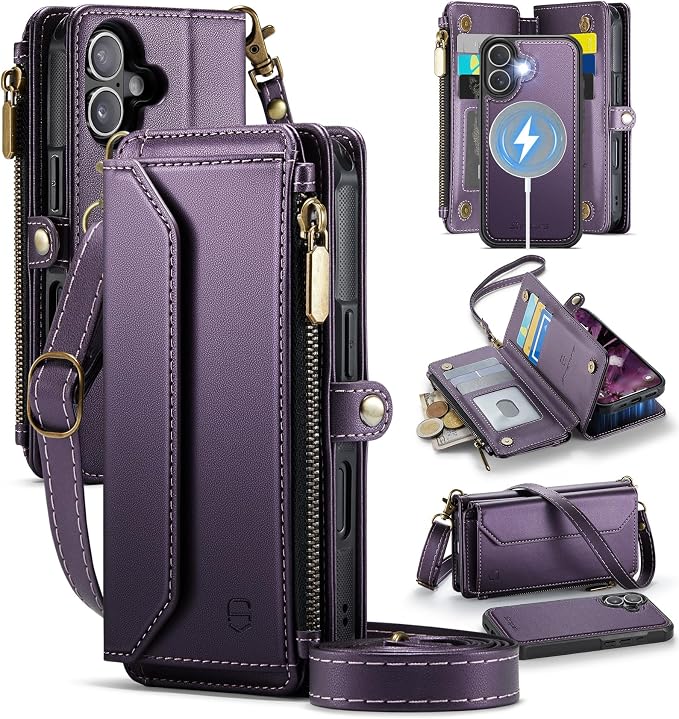 Strapurs for iPhone 17 Detachable Wallet Case Compatible with Magsafe for Women, RFID Blocking 9-Card Holder Zipper Wrist Strap Lanyard PU Leather Magnetic Phone Case for iPhone 17 6.3", Purple