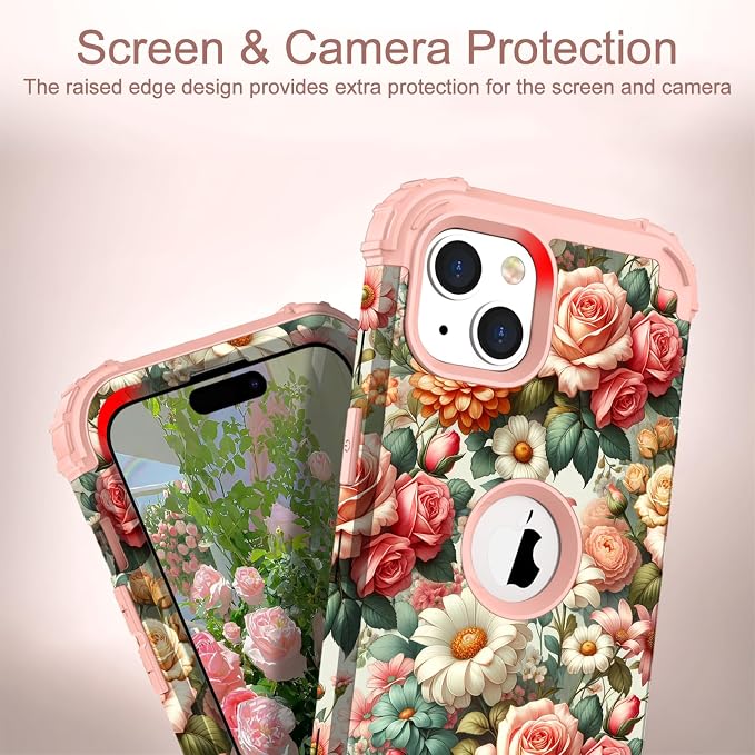 Hocase for iPhone 15 Case, Heavy Duty Shockproof Protection Soft Silicone Rubber Bumper+Hard Plastic Hybrid Protective Case for iPhone 15 (6.1" Display) 2023 - Flower Garden
