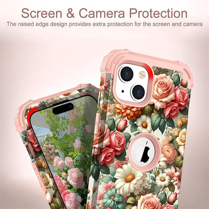 Hocase for iPhone 15 Case, Heavy Duty Shockproof Protection Soft Silicone Rubber Bumper+Hard Plastic Hybrid Protective Case for iPhone 15 (6.1" Display) 2023 - Flower Garden