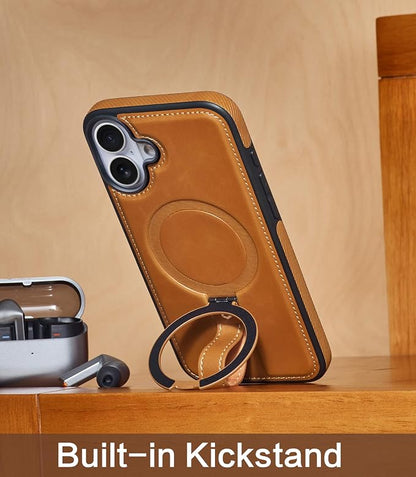 for iPhone 17 Leather Case with Stand, Anti-Slip Grip Ring, Fits for MagSafe (Brown, iPhone 17)
