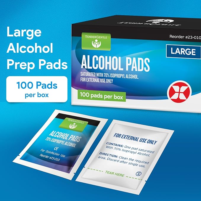 Alcohol Wipes Individually Wrapped - 100 Sterile Alcohol Prep Pads Saturated with 70% Isopropyl - Skin Prep Swabs for First Aid, Injections, Nails, and Medical Use - Large