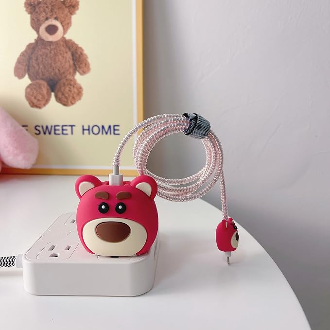 3D Cute Cartoon Charger Protector Case - Compatible for Apple 20W USB-C Power Adapter and Lightning Cable (Pink 02)