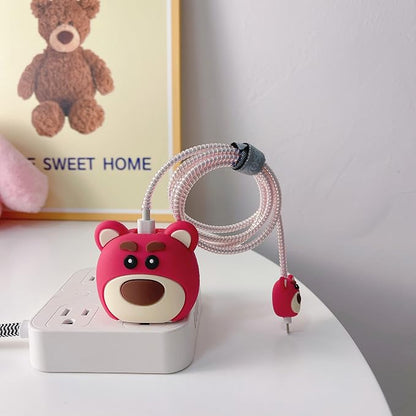 3D Cute Cartoon Charger Protector Case - Compatible for Apple 20W USB-C Power Adapter and Lightning Cable (Pink 02)