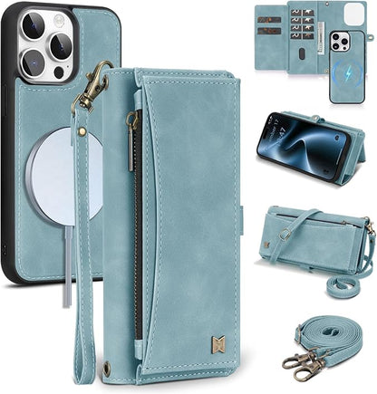 Wallet Case for iPhone 15 Pro Max with Card Holder/Crossbody Wallet/Strap| RFID Blocking | Magnetic | Kickstand | Detachable | PU Leather Phone Case for iPhone 15 Pro Max,6.7 in,Blue