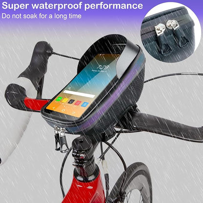 Bike Phone Holder, Bicycle Front Frame Handlebar Bag EVA Hard Shell Waterproof Bike Accessories with Touch-Screen and Rain Cover for Phones under 6.9''