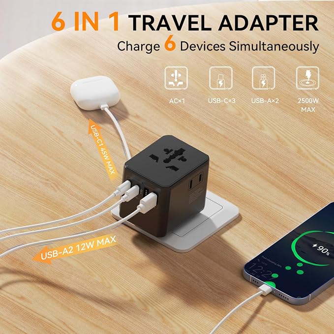 Auxmir Universal Travel Adapter, 45W PD Fast Charging Travel Plug Adapter with 2 USB-A and 3 USB-C Ports，International Adapter for EU, USA, UK, Asia, Worldwide Use, Black
