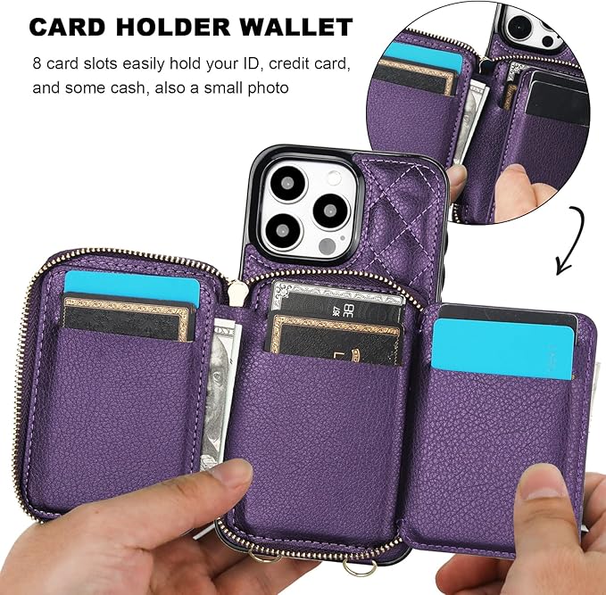 Bocasal Crossbody Wallet Case for iPhone 15 Pro Max, RFID Blocking PU Leather Zipper Handbag Purse Flip Cover, Kickstand Folio Case with Card Slots Holder Wrist Strap Lanyard 5G 6.7 Inch (Dark Purple)