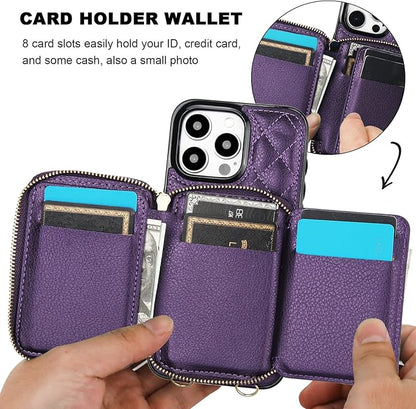 Bocasal Crossbody Wallet Case for iPhone 15 Pro Max, RFID Blocking PU Leather Zipper Handbag Purse Flip Cover, Kickstand Folio Case with Card Slots Holder Wrist Strap Lanyard 5G 6.7 Inch (Dark Purple)